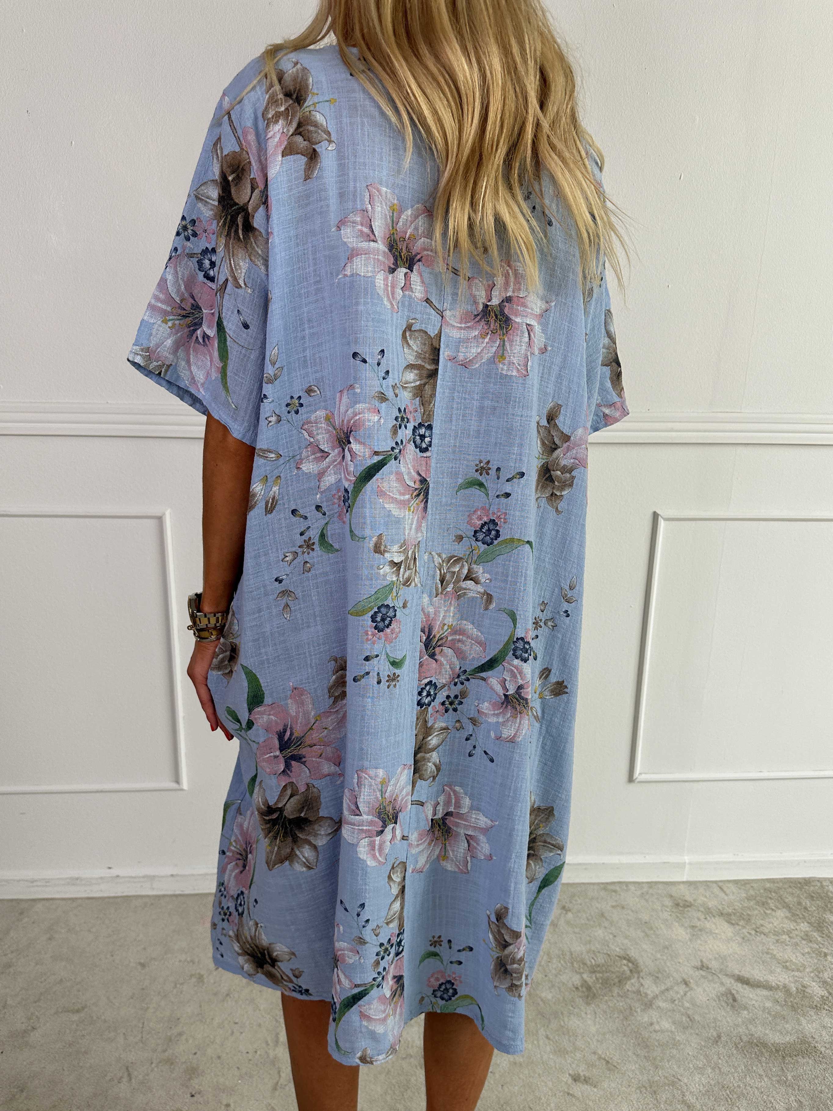 Gry - Bomuldskjole i hørlignende stof med blomsterprint